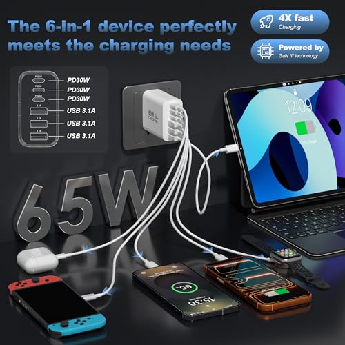 USB C Charger Block,65W 6-Port Multi Device Fast Charger PD QC Wall Adapter - color: White, size: 65w