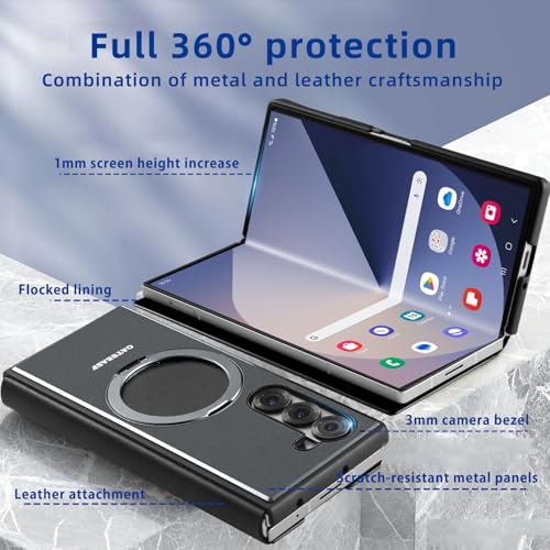 Case for Samsung Galaxy Z Fold 6,with MagSafe 360°Rotatable Magnetic Kickstand,Leather+Aluminum Metal Full Body Flip Phone Cover,Military Shockproof Grade Drop Proof for Galaxy Z Fold6(Black)