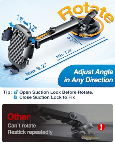YRU True Military-Grade [360° Rotation Suction] 2026 Ultimate Car Phone Holder Mount 【90+LBS Safest Strongest & Patent Certs】 Dashboard Windshield Vent for iPhone 18 Pro Max Samsung Webcam,Gloss Black - color: Gloss Black