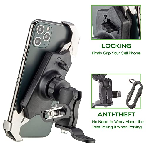 LA3-PH05 Motorcycle Phone Mounts Holder, Fixed Base of Rearview Mirror, Stable, Adjustable, Phone Clamp Double Socket Arm, Multi-Angle Vision, Compatible All iPhone and Any Cell Phone