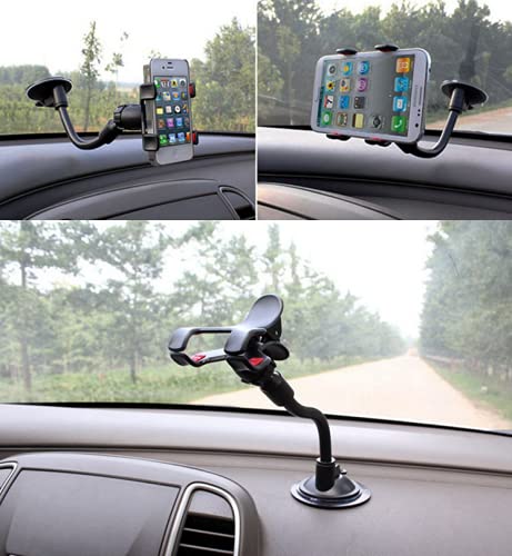 360° Car Windshield Mount Cradle Holder Stand for iPhone Mobile Cell Phone GPS Universal Long Shockproof Arm Dash Mount with Strong Suction Cup