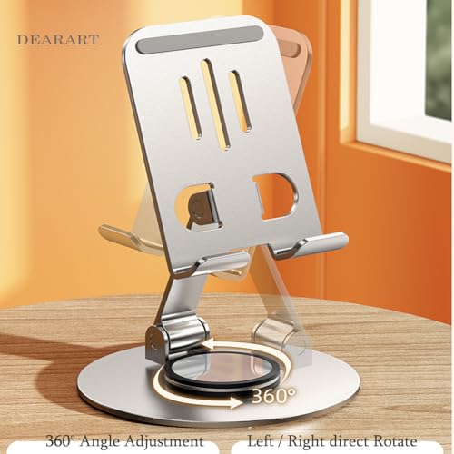 DEARART Silver Cell Phone Stand, 360° Adjustable Phone Stand for Desk, Foldable Phone Holder Fully Carried Easily, Disc Base - color: Silver ( Disc Base )
