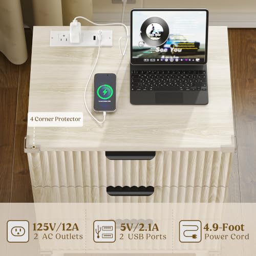Wood Nightstands Set of 2 w/Charging Station, 3 Drawers Fluted Dresser - color: Grey White, size: 3 Drawers-Set of 2 Nightstand
