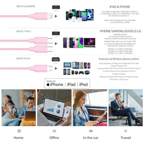 4 in 1 Multi Charging Cable 4ft 2 Pack,Braided MFi Certified Charger Cable - color: Rose-4ft-2Pack