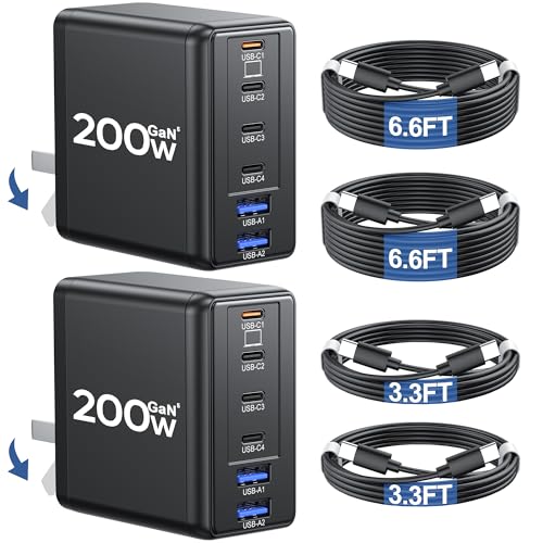 Lcssio 2 Pack 200W USB C Charger with 4 USB Cables, 6-Port Wall Charger - color: Black