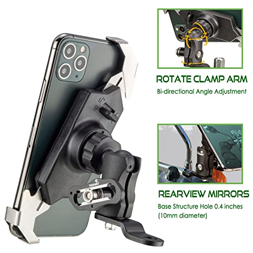 LA3-PH05 Motorcycle Phone Mounts Holder, Fixed Base of Rearview Mirror, Stable, Adjustable, Phone Clamp Double Socket Arm, Multi-Angle Vision, Compatible All iPhone and Any Cell Phone
