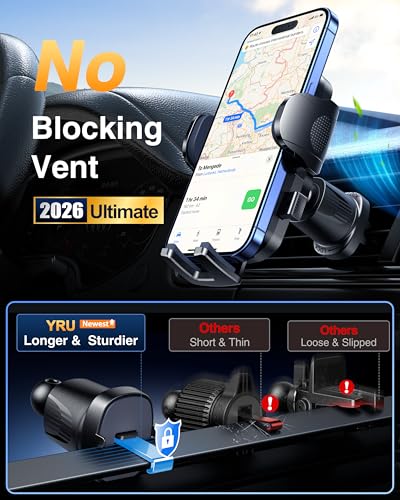 YRU True Military-Grade [360° Rotation Suction] 2026 Ultimate Car Phone Holder Mount 【90+LBS Safest Strongest & Patent Certs】 Dashboard Windshield Vent for iPhone 18 Pro Max Samsung Webcam, Red - color: Red