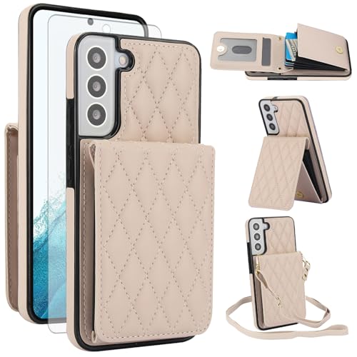 Phone Case for Samsung Galaxy S22 5G Wallet Cover with Tempered Glass Screen Protector Credit Slot Card Holder Crossbody Strap Stand RFID Blocking S 22 22S 4G G5 6.1 inch Women Men Girls Beige - color: Beige