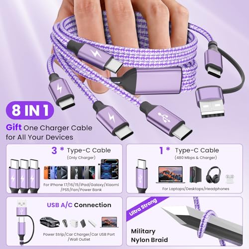 USB C Splitter Multi Charging Cable, USB A/C to USB C Charger Cord - color: Purple&1PCS
