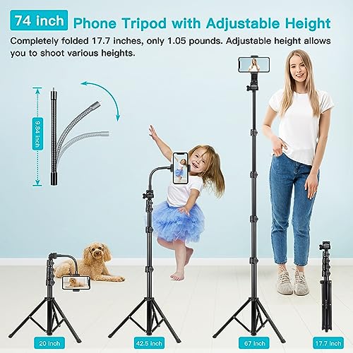 74" Flexible Phone Tripod, Tall Cell Phone Tripod with Adjustable Gooseneck - size: 74 inch