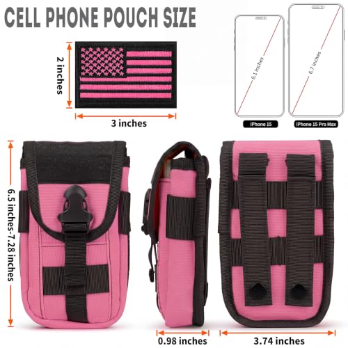 Tactical Cell Phone Holster Pouch, Smartphone Pouch Phone Case Molle Attachment Belt Holder Waist Bag for 4.7"-6.9" with US Flag Patch and Gear Clip for iPhone 17 Pro/16 Pro - color: Hot Pink