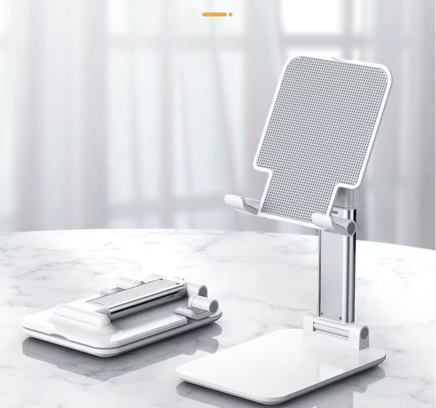 Foldable Desktop Phone and Tablet Stand, Adjustable Universal Mount, Compatible with iPhone, iPad, and PC Tablets - color: White