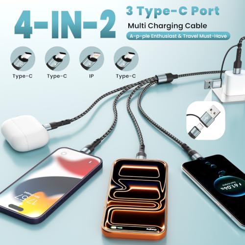 Travel Essentials Multi Charging Cable,4 in 2 USB C Splitter Cable 2Pack 5F - color: Grey&Black2, size: 5FT