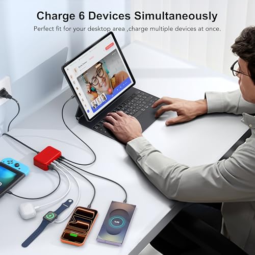 USB Fast Charger Block 50% Smaller 100W Max 6-Port GaN USB Charging Station - color: F-Red, size: 100W