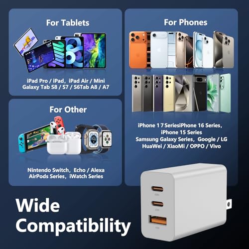 65W USB C Charger for iPhone 18/17Pro/Max,3-Port Fast Charger USB C - color: white