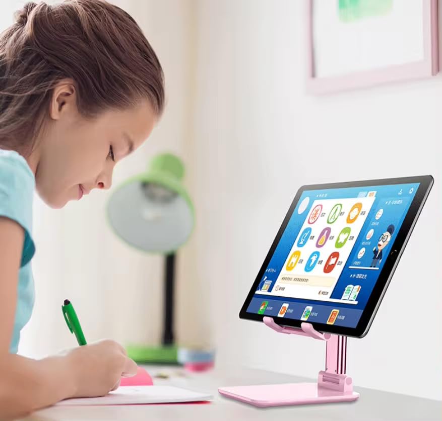 Foldable Desktop Phone and Tablet Stand, Adjustable Universal Mount, Compatible with iPhone, iPad, and PC Tablets - color: White