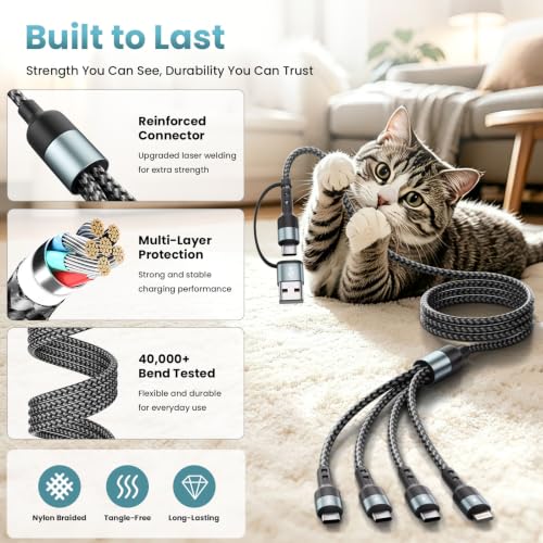 Travel Essentials Multi Charging Cable,4 in 2 USB C Splitter Cable 2Pack 5F - color: Grey&Black2, size: 5FT