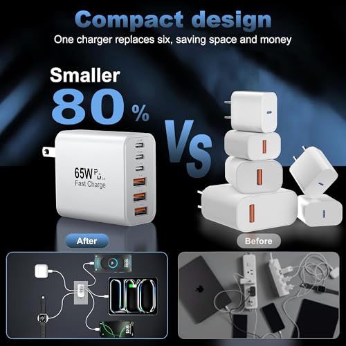 USB C Charger Block,65W 6-Port Multi Device Fast Charger PD QC Wall Adapter - color: White, size: 65w