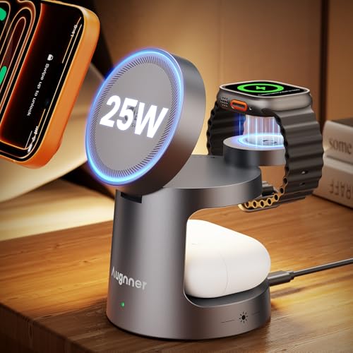 Qi2.2 25W 3 in 1 Charging Station for Apple Compatible with MagSafe Foldable Wireless Charger, Magnetic Charger with Night Light for iPhone 18/17/16/15/14/13/12, Apple Watch & AirPods (Grey) - color: Grey