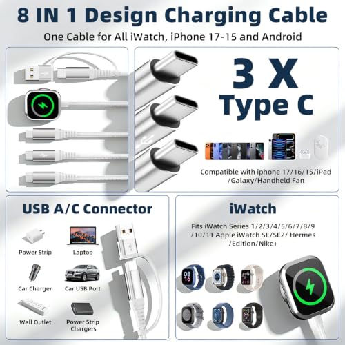 3 USB C Multi Charging Cable for Phone iWatch Charger/Car Travel Essentials - color: Silver-White, size: 2Pack5FT