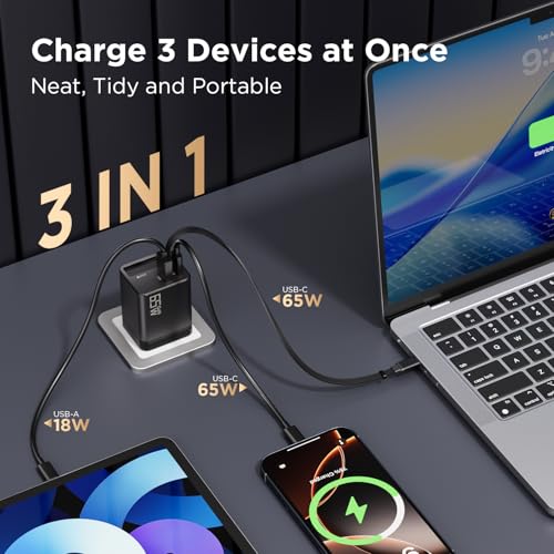 65W Retractable Wall Charger, USB C Charger Block Built-in Type C Cable & Dual Port, PD PPS Fast Charging GaN Power Adapter Travel Charger for MacBook,Lenovo IdeaPad,iPhone 17 Pro Max,Galaxy S24