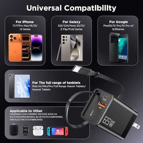65W Retractable Wall Charger, USB C Charger Block Built-in Type C Cable & Dual Port, PD PPS Fast Charging GaN Power Adapter Travel Charger for MacBook,Lenovo IdeaPad,iPhone 17 Pro Max,Galaxy S24