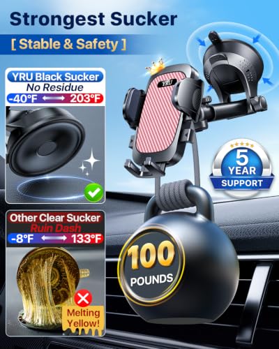 YRU【True Military-Grade Safety & Patent Certs 360°Rotation Car Phone Holder【100+LBS Strong Suction & Clip】 Windshield Dash Vent Cell Phone Mount Cradle for iPhone17 16 Pro Max Truck Samsung, Pink - color: Pink