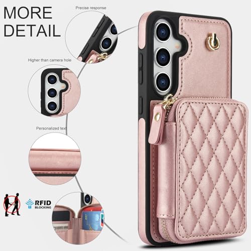 Phone Case for Samsung Galaxy S25 5G Wallet Cell Cover with Tempered Glass Screen Protector Wrist Crossbody Strap Stand RFID Blocking Credit Card Holder S 25 25S 25 25S SM-S931U Women Girls Rose Gold - color: Rose Gold