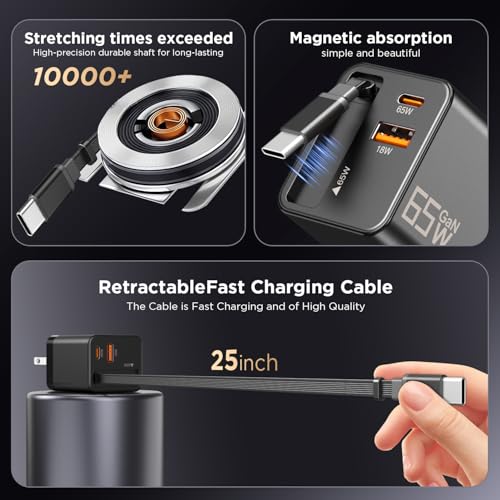 65W Retractable Wall Charger, USB C Charger Block Built-in Type C Cable & Dual Port, PD PPS Fast Charging GaN Power Adapter Travel Charger for MacBook,Lenovo IdeaPad,iPhone 17 Pro Max,Galaxy S24