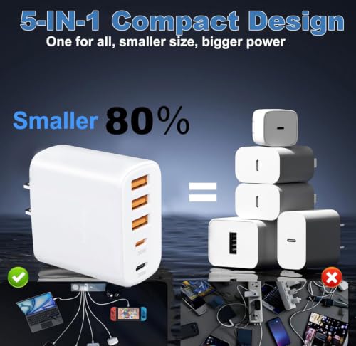 2-Pack 60W 5-Port（3A+2C Multi-Port Charging Station with Wall Plug.