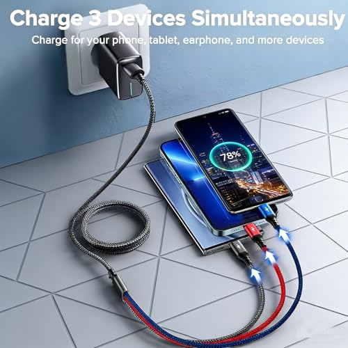 Multifunction USB Charging Cable Set,3 Pack 3 in 1 Nylon Braided Cord,Multiple Fast Charger Cords for Home,Office,Car