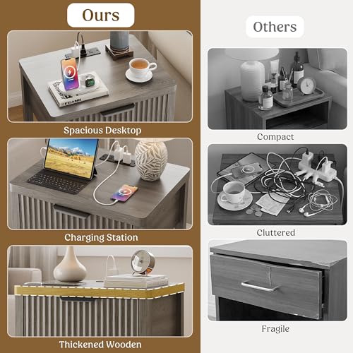 Night Stand Set 1, Fluted Wood Bedside Table w/Socket Station for Bedroom - color: Dark Grey, size: 1 Drawer-Set of 1 Nightstand