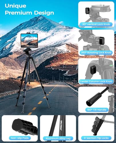 MACTREM 67" iPad Tripod Stand for Tablet Phone Camera with Remote Mount - color: Black
