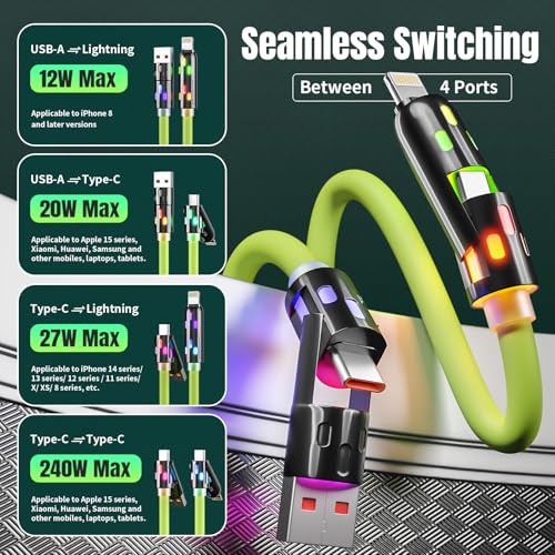 USB C to Lightning Cable, 240W Fast 4 in 1 Multi Charging Cable 5FT,2Pack - color: Lime green, size: 2PACK 5FT