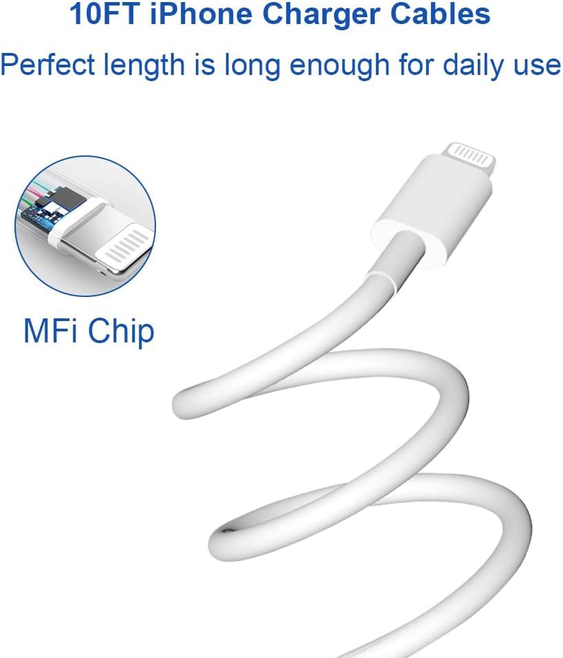 Coreykin Extra Long 10FT iPhone 14 13 12 Charger Fast Charging 2-Pack - color: white