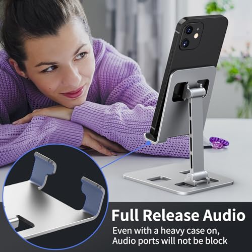 Foldable Cell Phone Stand, Angle Height Adjustable Desktop Holder, Universal, Compatible with iPhone, Samsung, Switch and All Smartphones, Silver
