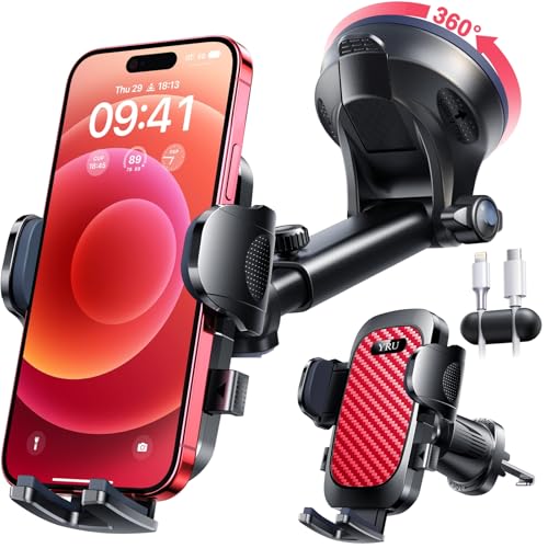 YRU True Military-Grade [360° Rotation Suction] 2026 Ultimate Car Phone Holder Mount 【90+LBS Safest Strongest & Patent Certs】 Dashboard Windshield Vent for iPhone 18 Pro Max Samsung Webcam, Red - color: Red