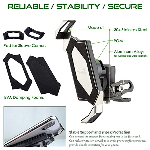 LA3-PH05 Motorcycle Phone Mounts Holder, Fixed Base of Rearview Mirror, Stable, Adjustable, Phone Clamp Double Socket Arm, Multi-Angle Vision, Compatible All iPhone and Any Cell Phone