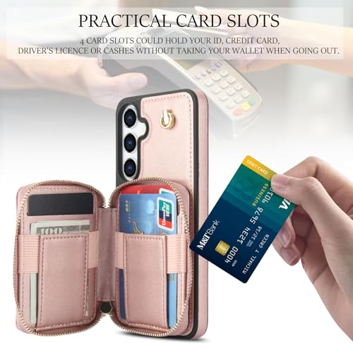 Phone Case for Samsung Galaxy S25 5G Wallet Cell Cover with Tempered Glass Screen Protector Wrist Crossbody Strap Stand RFID Blocking Credit Card Holder S 25 25S 25 25S SM-S931U Women Girls Rose Gold - color: Rose Gold