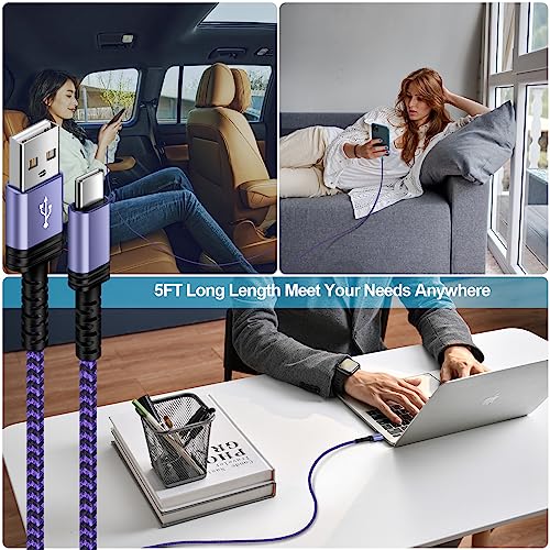 USB C Charger Cable Fast Charger Phone Android Power Cord 5FT/3Pack Braided - color: White,Blue,Purple