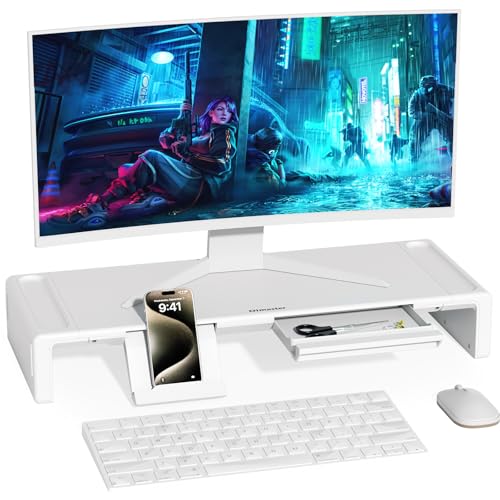 Monitor Stand Riser with Drawer & Phone Holder, Foldable Desk Organizer - color: White-Basic