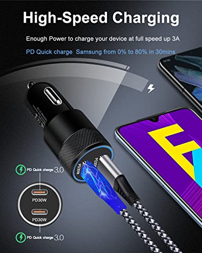 60W USB C Car Charger, 2Pack USB C Cigarette Lighter Adapter Fast Charging