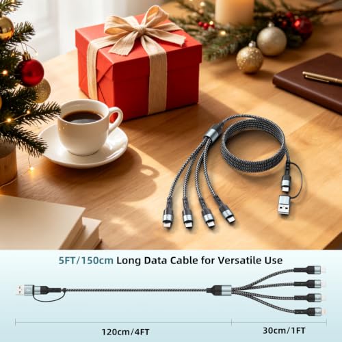 Travel Essentials Multi Charging Cable,4 in 2 USB C Splitter Cable 2Pack 5F - color: Grey&Black2, size: 5FT