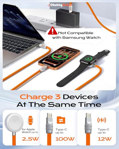 chubbycable 3 in 1 Silicone USB C Cable for Apple Watch, Dark Blue, 4.1FT - color: Dark Blue