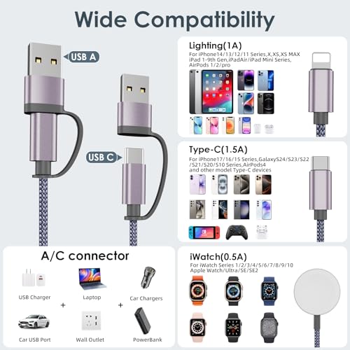 Travel Essentials,Multi Charging Cable for Apple Watch iPhone Charger Gray - color: Gray, size: 1Pack-4FT