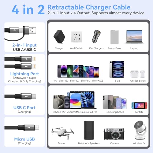 4 in 2 Multi Charging Cable 4A,Retractable USBA/C Universal Charger Cords