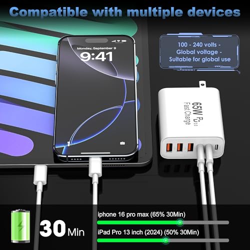 USB C Charger Block,65W 6-Port Multi Device Fast Charger PD QC Wall Adapter - color: White, size: 65w