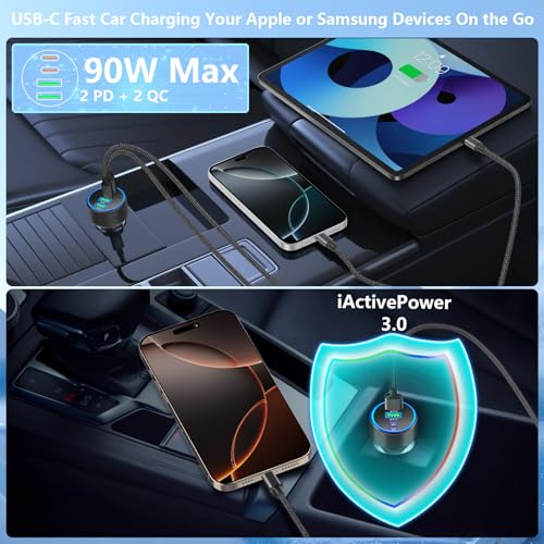 2Pack 4-Port 90W USB C Car Charger, Rombica Car Phone Charger Fast Charging - color: Raven Black