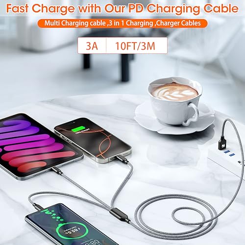 Long Multi Charging Cable,USB Universal Charger,2Pack 10ft Car Cord - color: Grey/Black-10FT-2Pack