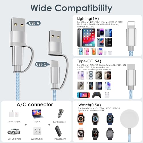Travel Essentials,Multi Charging Cable for Apple Watch iPhone Charger Blue - color: Blue, size: 1Pack-4FT